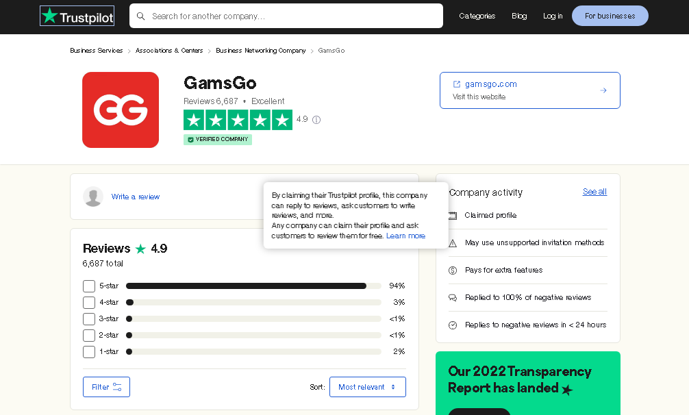 Trustpilot positive rating and review for GamsGo